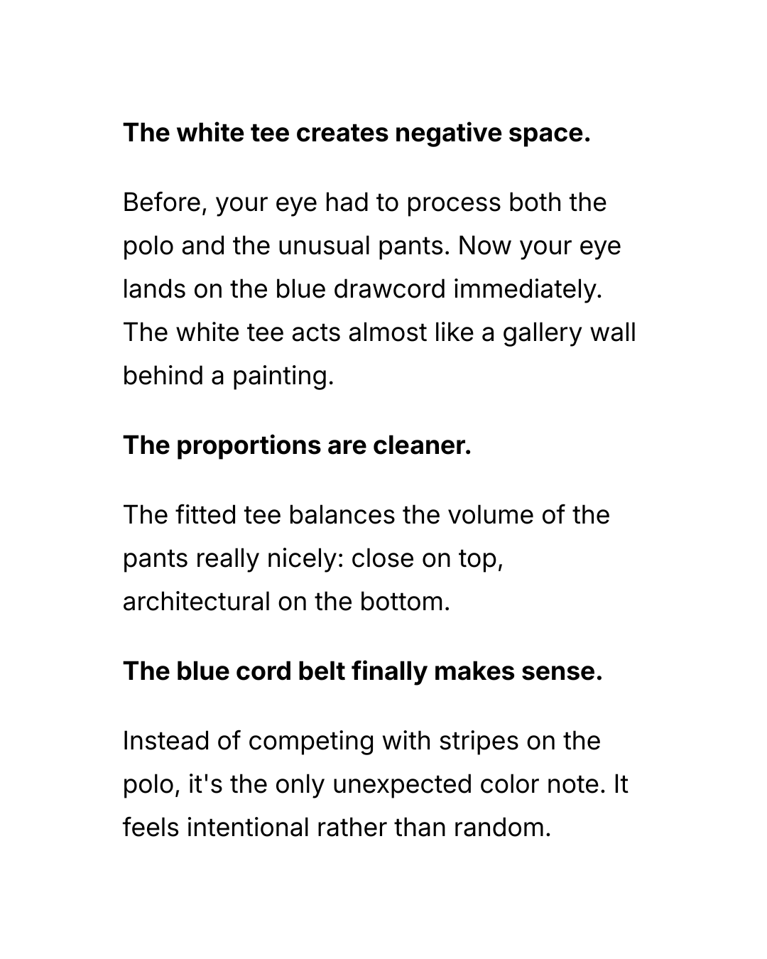 Pattern Lab reading a daily outfit: why the white tee creates negative space, the proportions read cleaner, and the blue cord belt finally makes sense.
