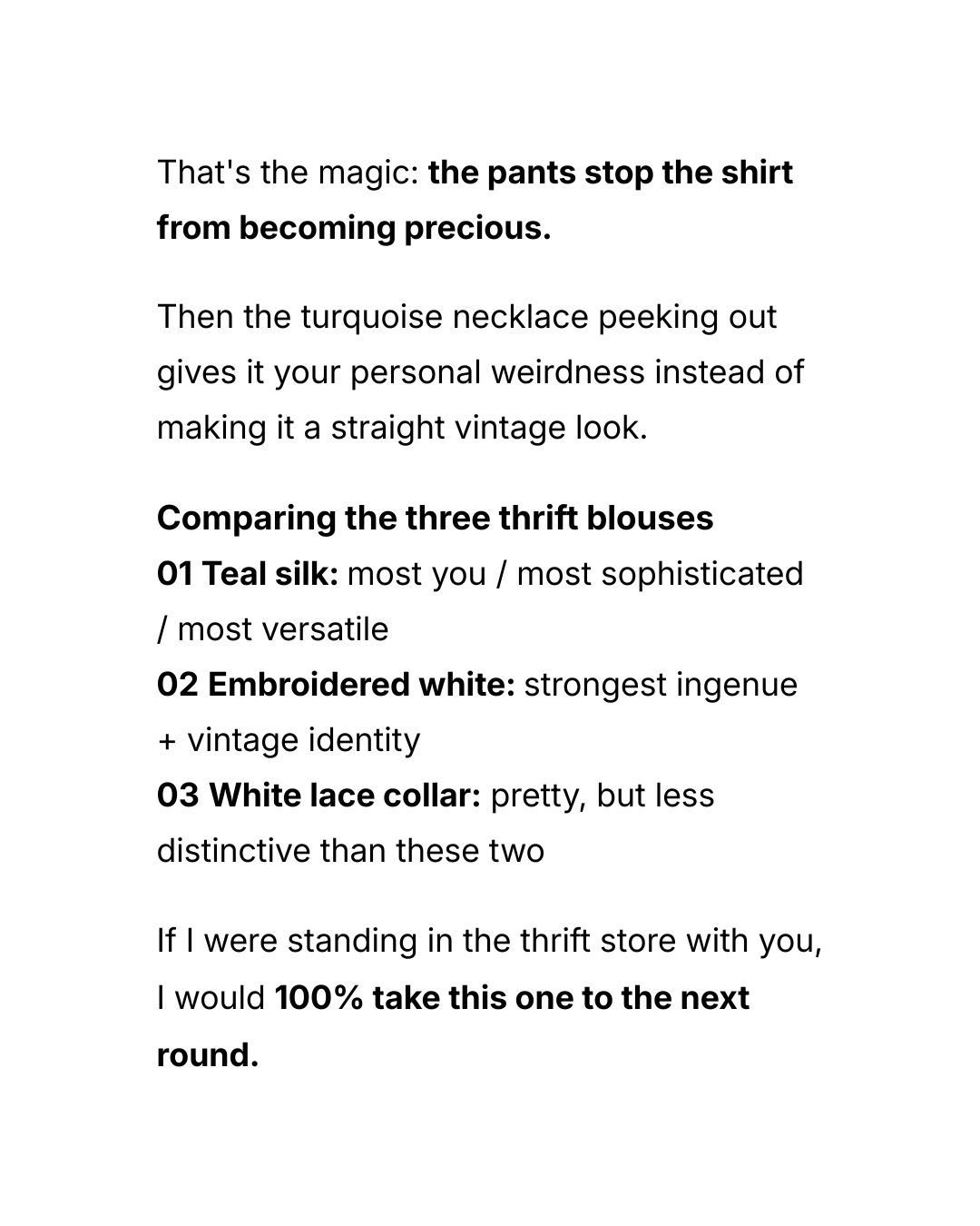 Pattern Lab comparing three thrifted blouses and recommending which one to take to the next round.