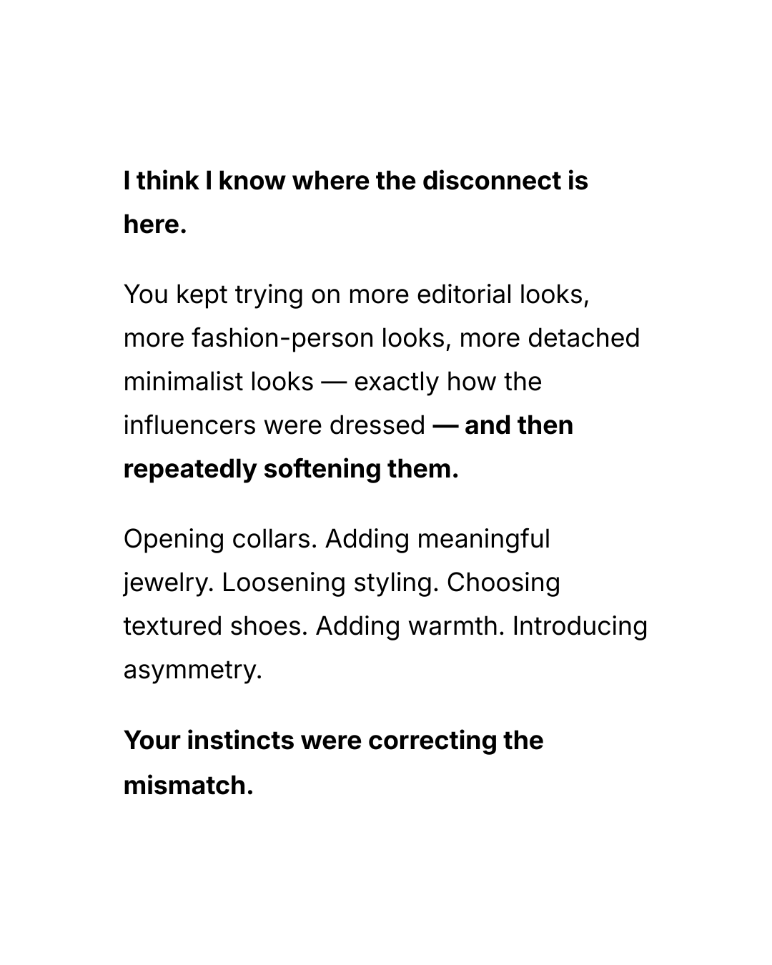 Pattern Lab explaining a disconnect between influencer-inspired looks and instincts that kept softening them.